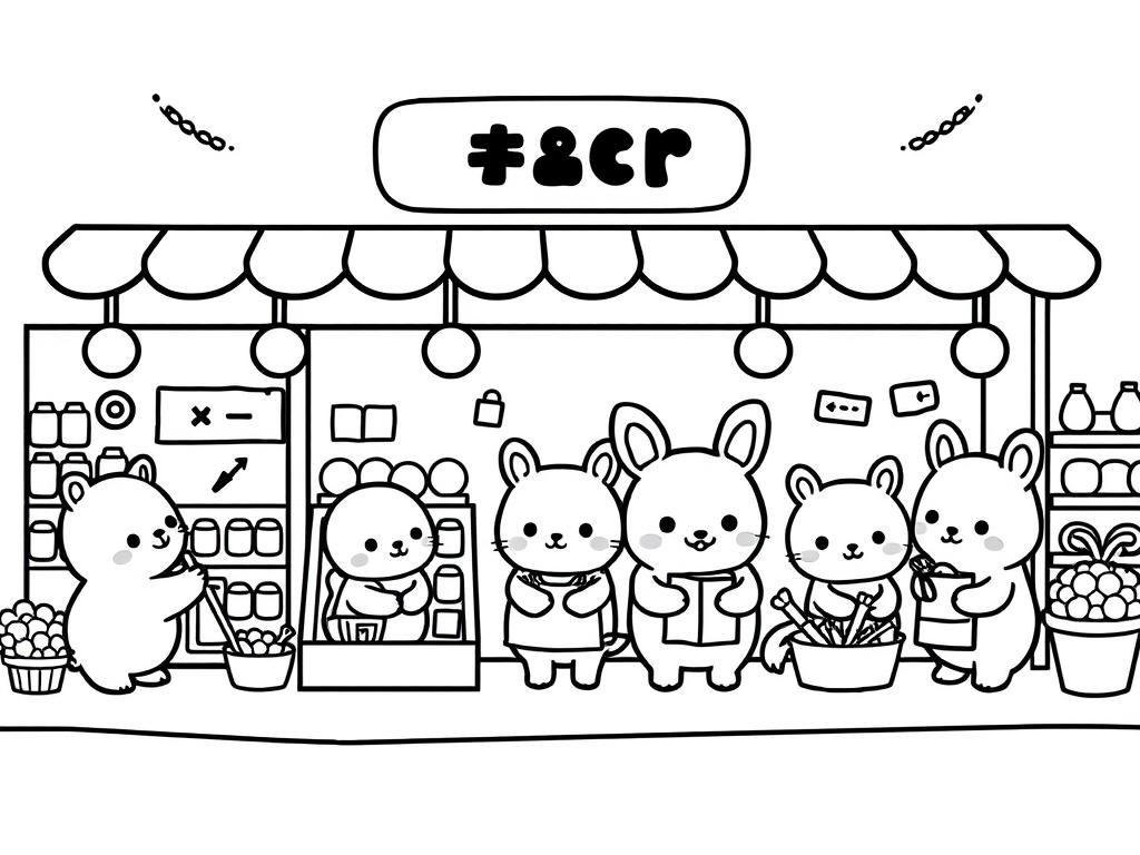 cute kawaii animals at different shops buying things - Free Printable Coloring Page