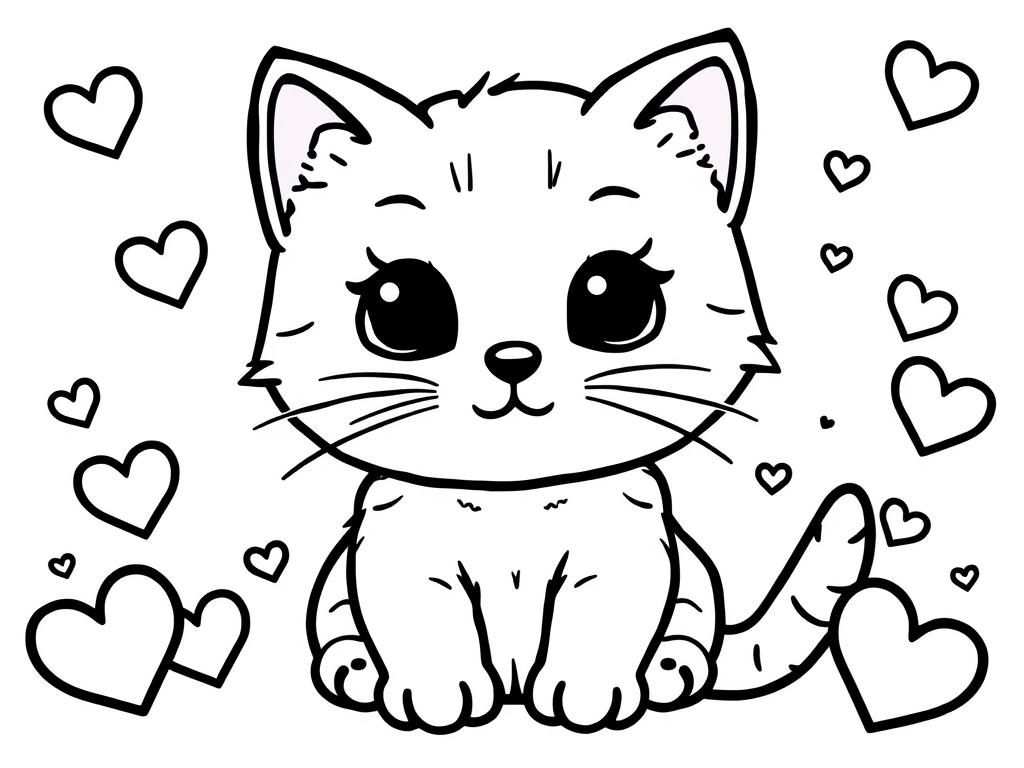 Preview of cute kawaii kitten and hearts