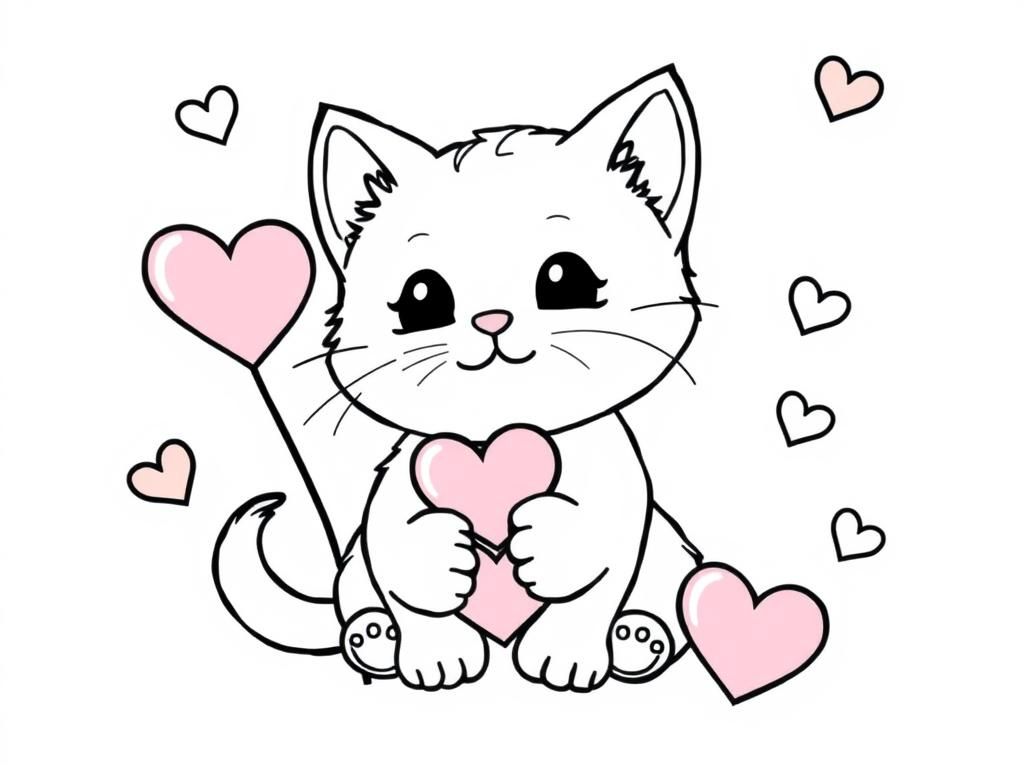 cute kawaii kitten and valentine's day - Valentines Day Coloring Page