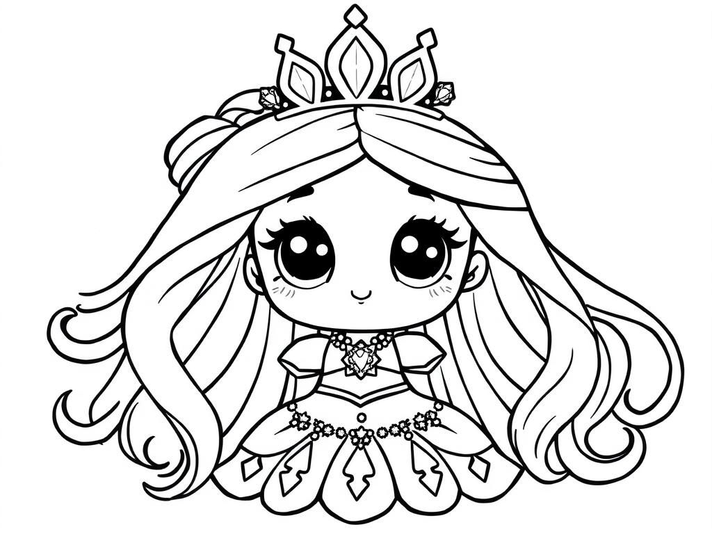 cute kawaii princess with big eyes full body . diamond on the dress. crown like a butterfly with diamonds. diamonds on the hair, long hair. the most beautiful dress ever made with glitter all over. - Free Printable Coloring Page