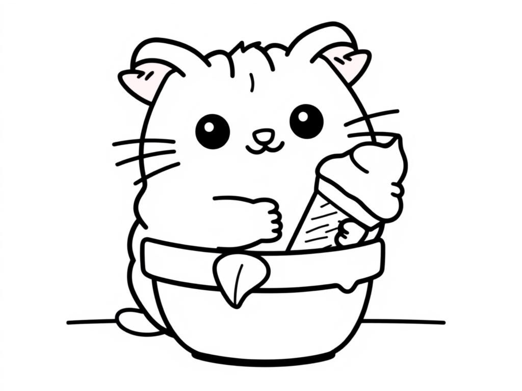 Cute kawaii Pusheen cat with floppy ears in a flower pot holding an ice cream cone on