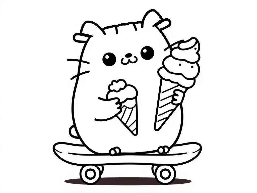 Preview of Cute kawaii Pusheen holding an ice cream cone on a skateboard