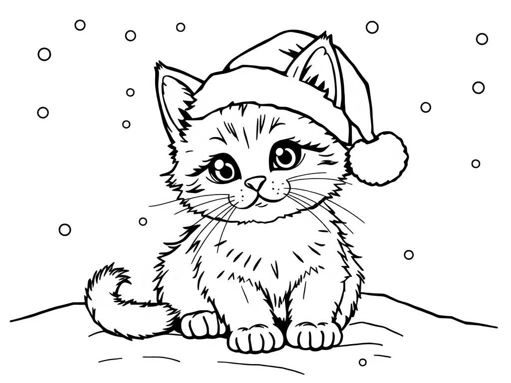 cute kitten with a santa hat on in the snow - Free Printable Coloring Page