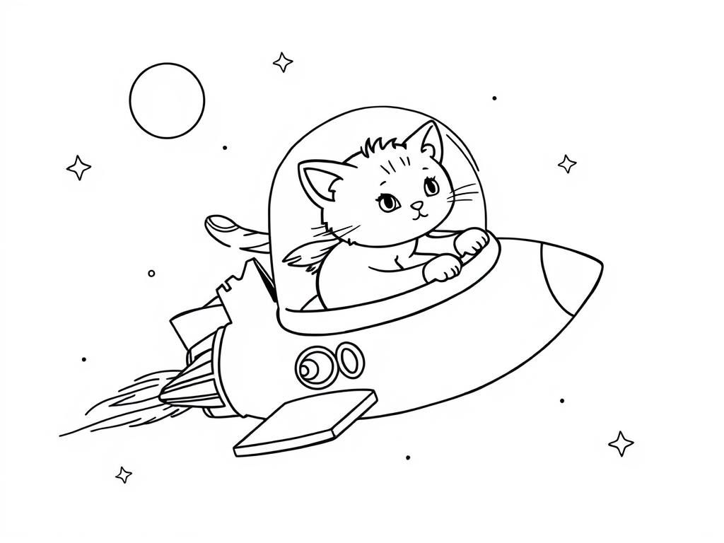 Space Cat Rocket Coloring Page