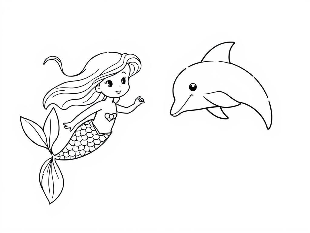cute mermaid swimming and dolphin swimming - Free Printable Coloring Page
