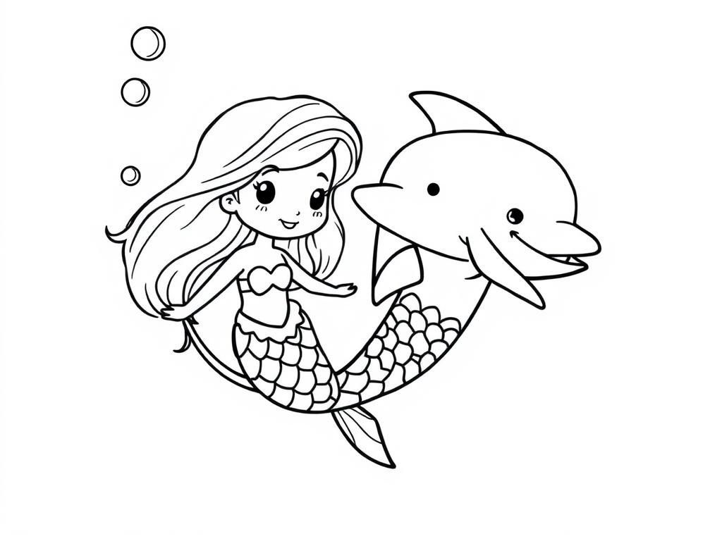 Mermaid and Dolphin Coloring Page