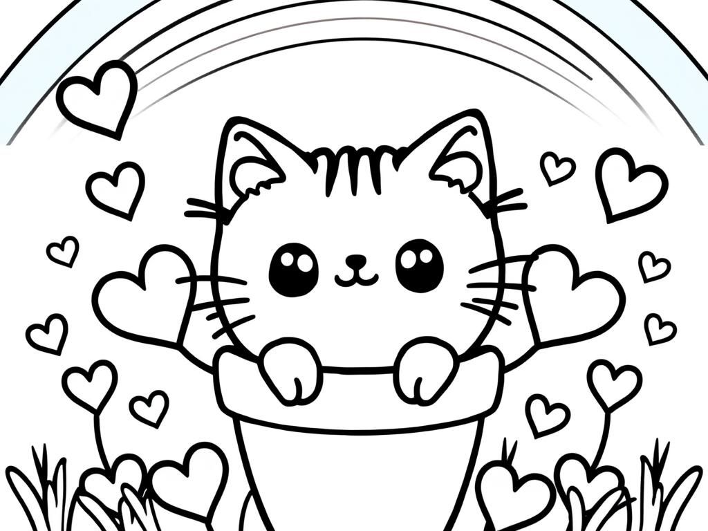 Preview of Cute shining anime eyes kawaii Pusheen cat in a flower pot surrounded by hearts with a rainbow above