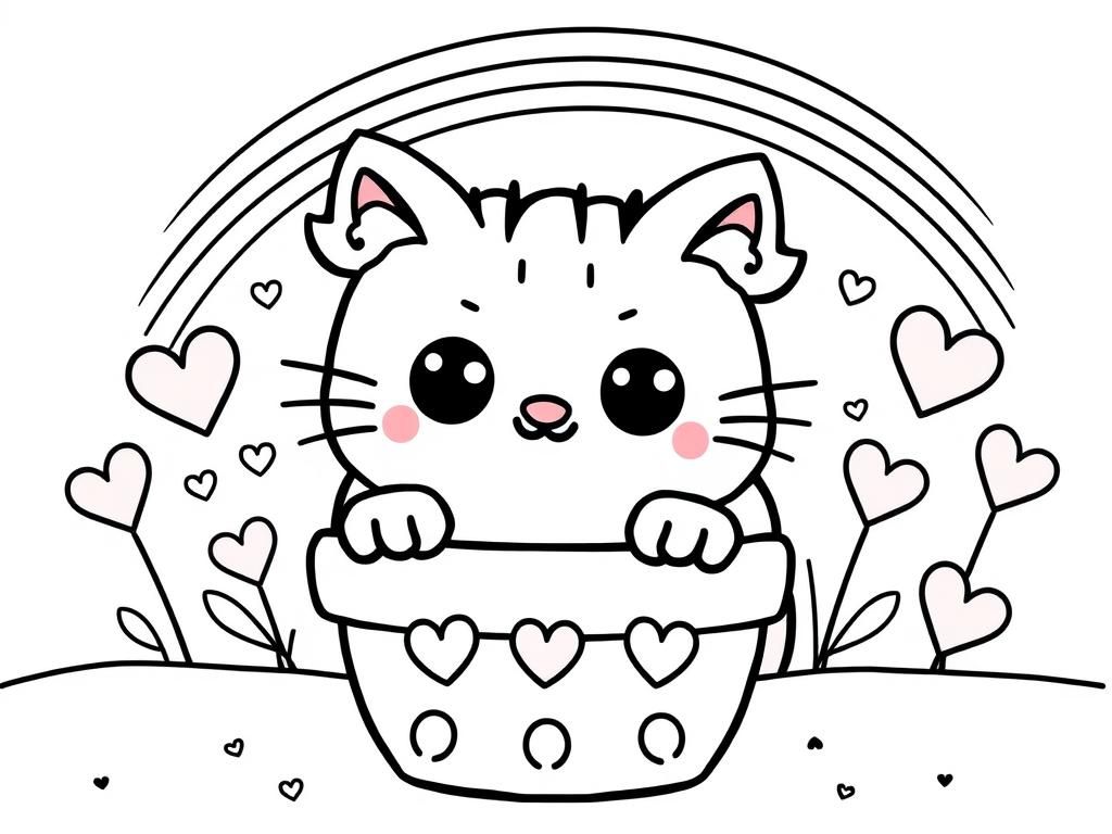 Preview of Cute shining anime eyes kawaii Pusheen cat with floppy ears in a flower pot surrounded by hearts with a rainbow above