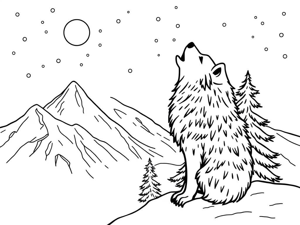 Cute snowy wolf howling at the moon on a snowy mountain