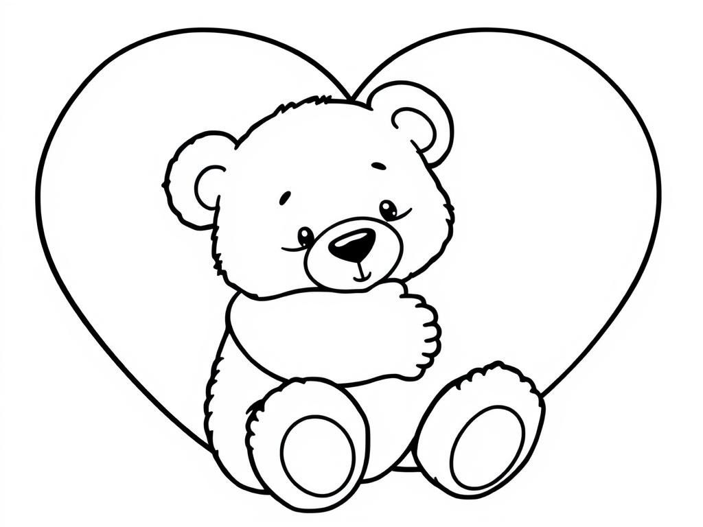 Preview of Cute teddy bear coloring page featuring the bear hugging a giant heart-shaped pillow.