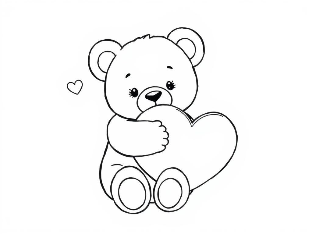 Cute teddy bear hugging a heart-shaped pillow, a sweet Valentines Day coloring page for all ages. - Valentines Day Coloring Page