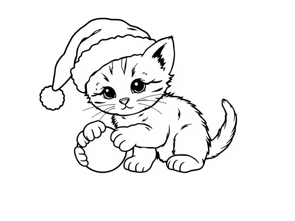 cute tiny not detailed kitten with a santa hat on and playing with a ornament