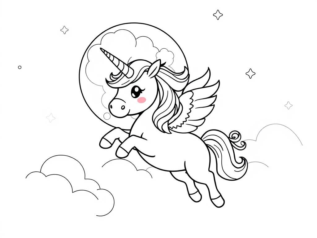 Preview of cute unicorn flying with moon in the background in anime style