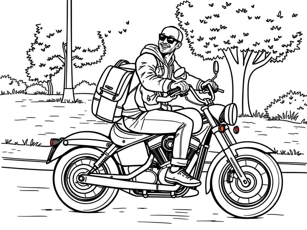 Dad ride harley davidson with son from the school. Dad is wearing biker outfir and son is wearing school uniform with backpack