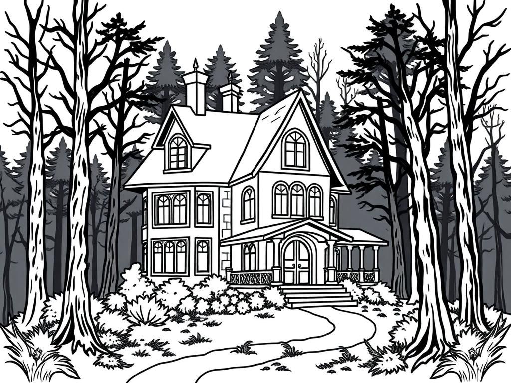 Black and White House in the Woods Coloring Page