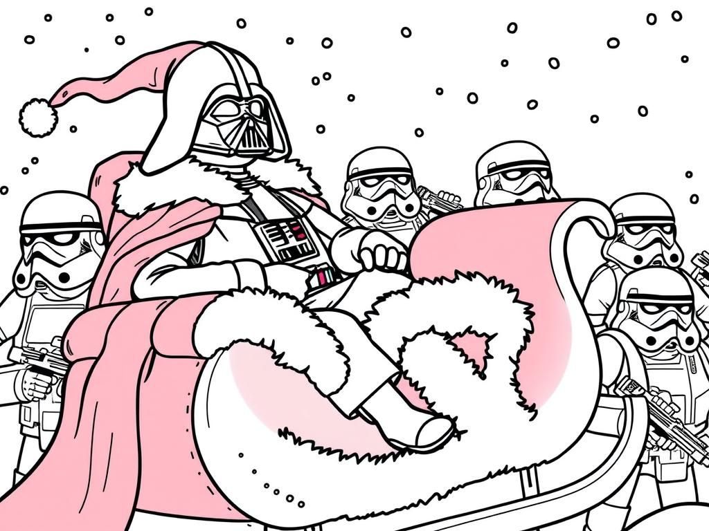 darth vader in santas sleigh, surrounded by storm troopers - Free Printable Coloring Page