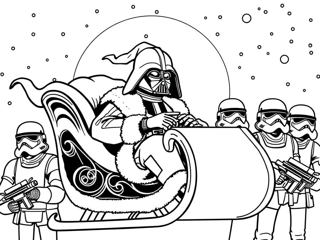 darth vader in santas sleigh, surrounded by storm troopers - Free Printable Coloring Page