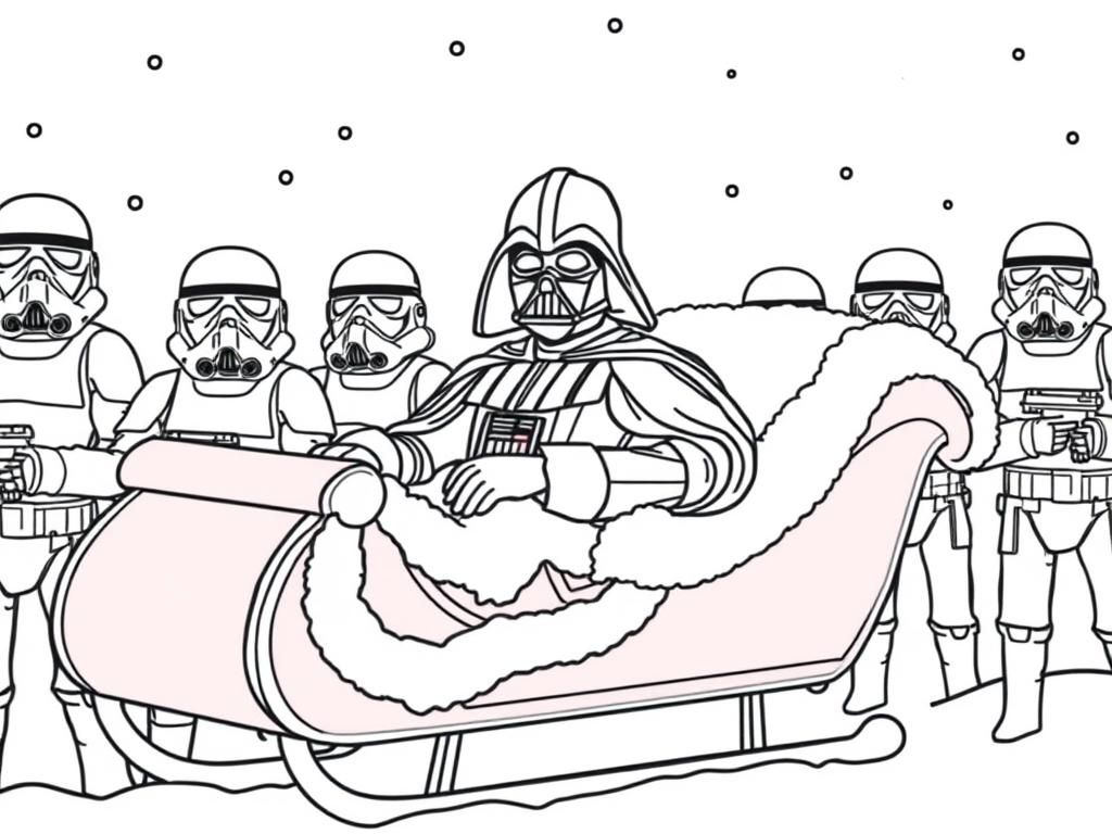 darth vader in santas sleigh, surrounded by storm troopers - Free Printable Coloring Page