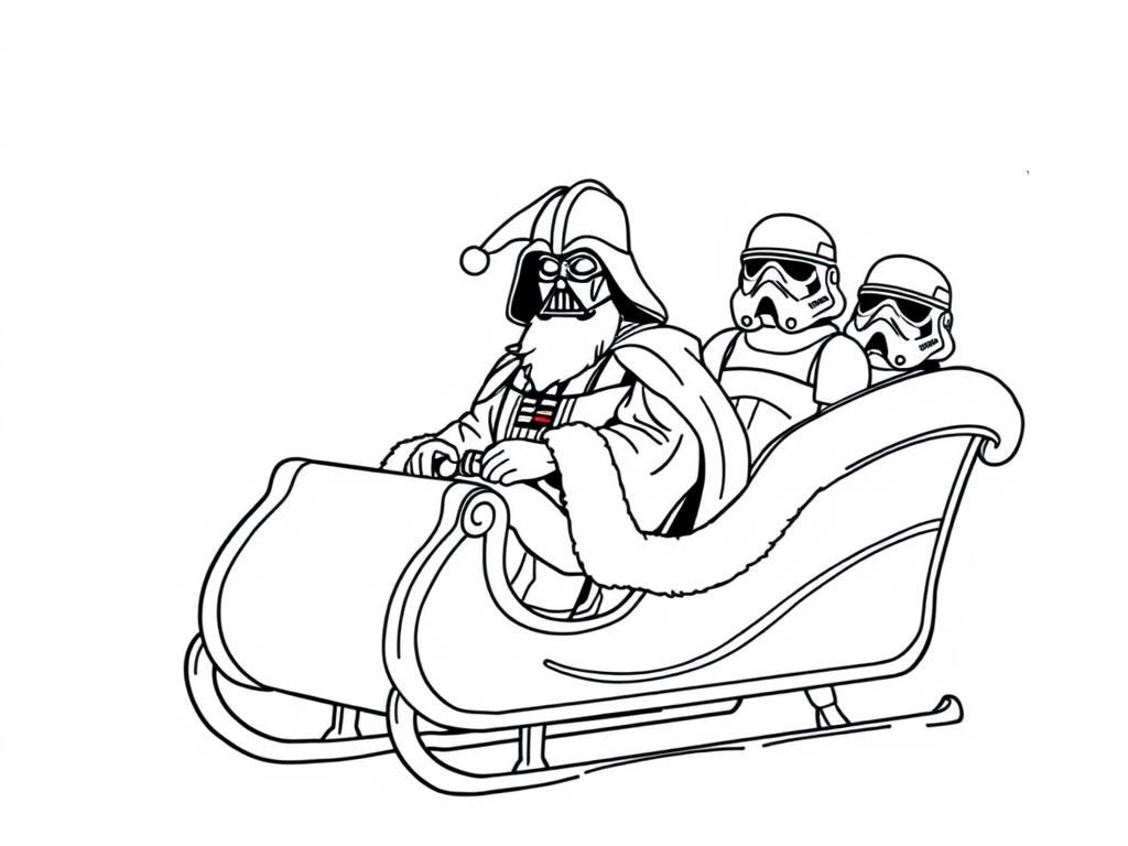 darth vader in santas sleigh, surrounded by storm troopers - Free Printable Coloring Page