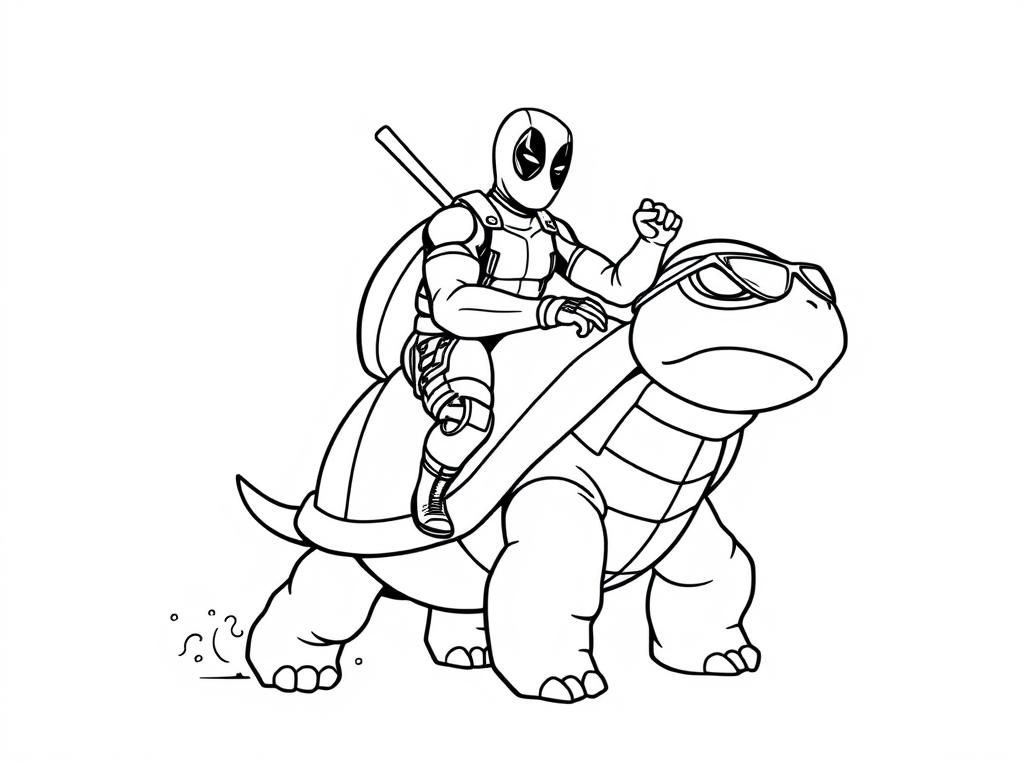 Deadpool riding a Blastoise with sunglasses