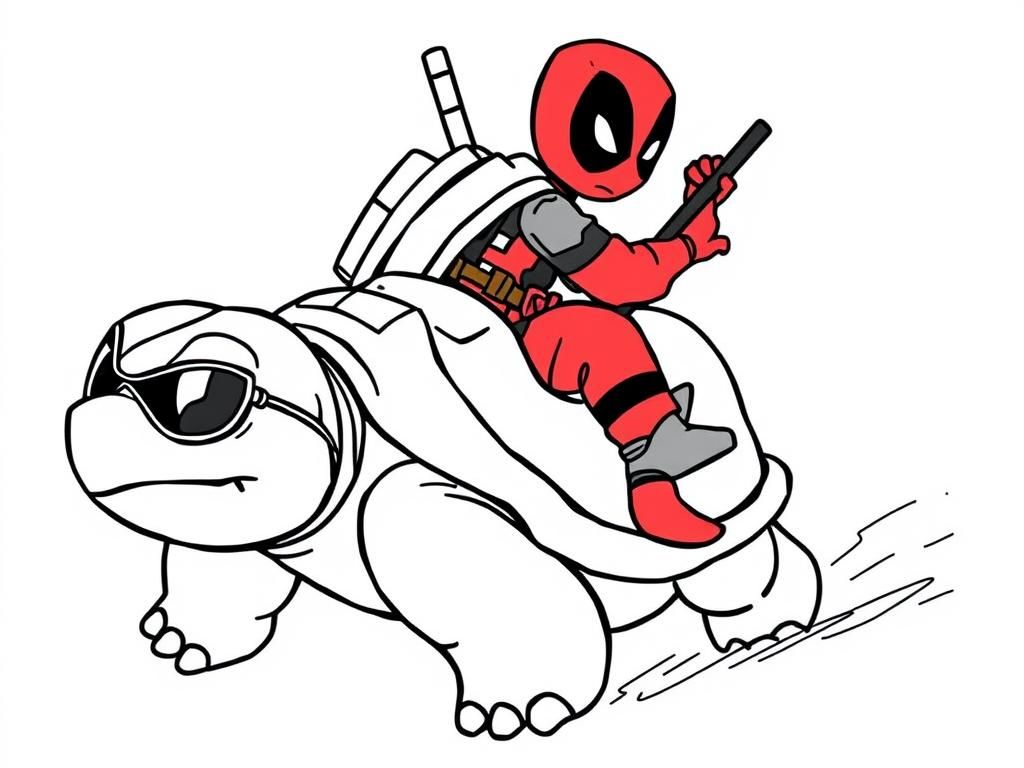 Preview of Deadpool riding a shiny Blastoise pokemon with sunglasses