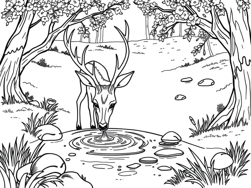 Deer drinking from a sparkling summer stream. - Free Printable Coloring Page