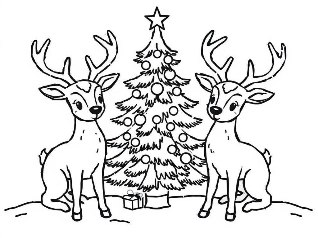 deers with christmas tree - Free Printable Coloring Page