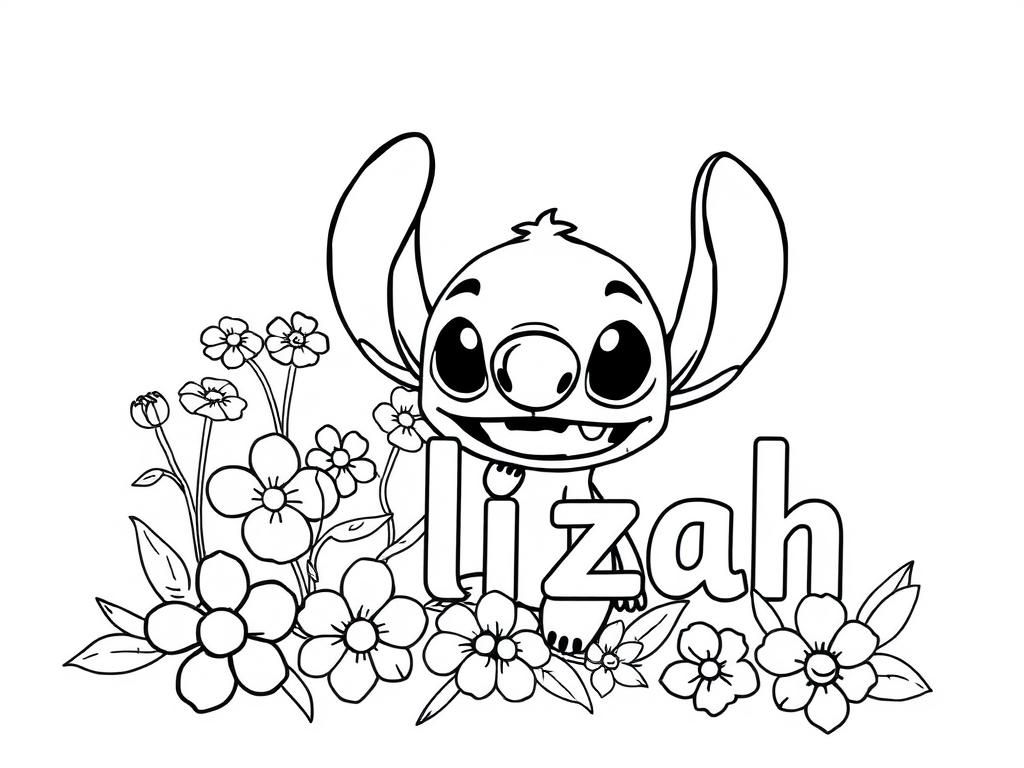 Delizah name with flowers and Stitch - Free Printable Coloring Page