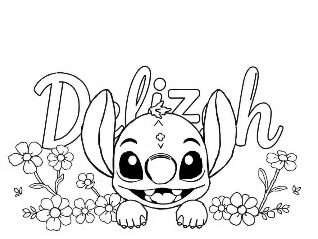 Delizah name with flowers and Stitch - Free Printable Coloring Page