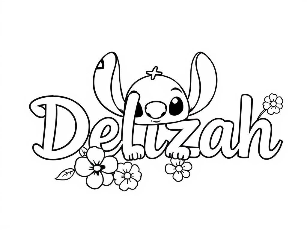 Delizah name with flowers and Stitch - Free Printable Coloring Page