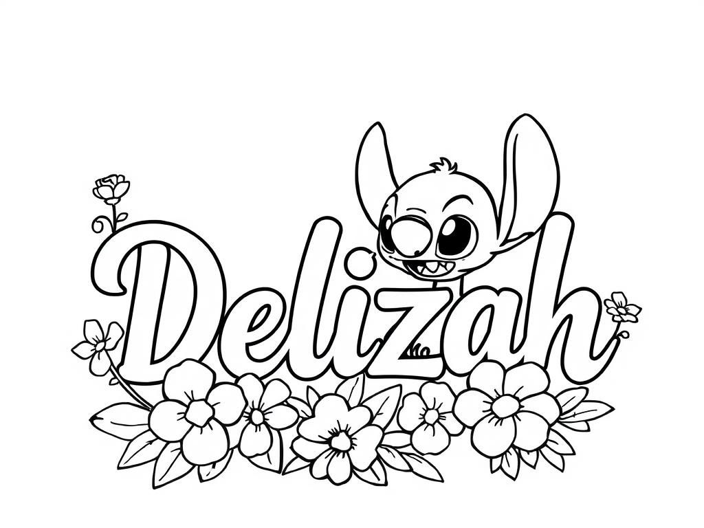 Stitch and Flowers Coloring Page