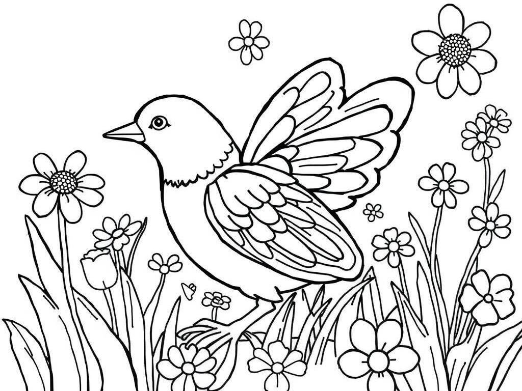 Coloring Page of a Bird in a Garden