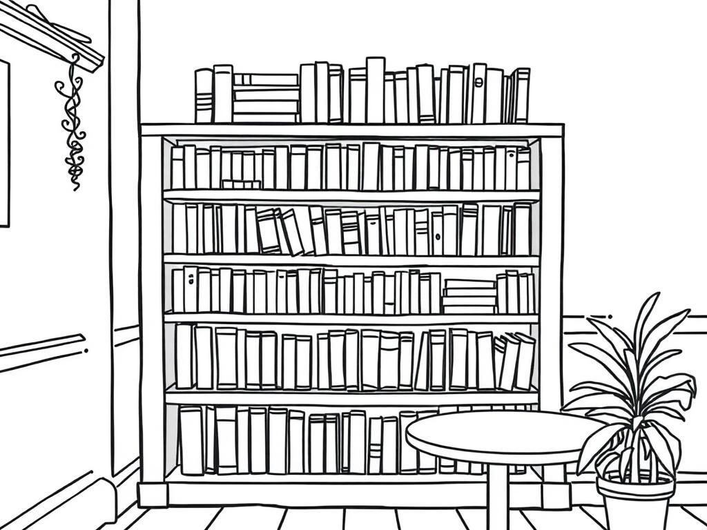 Kleurplaat boekenplank met boeken en planten