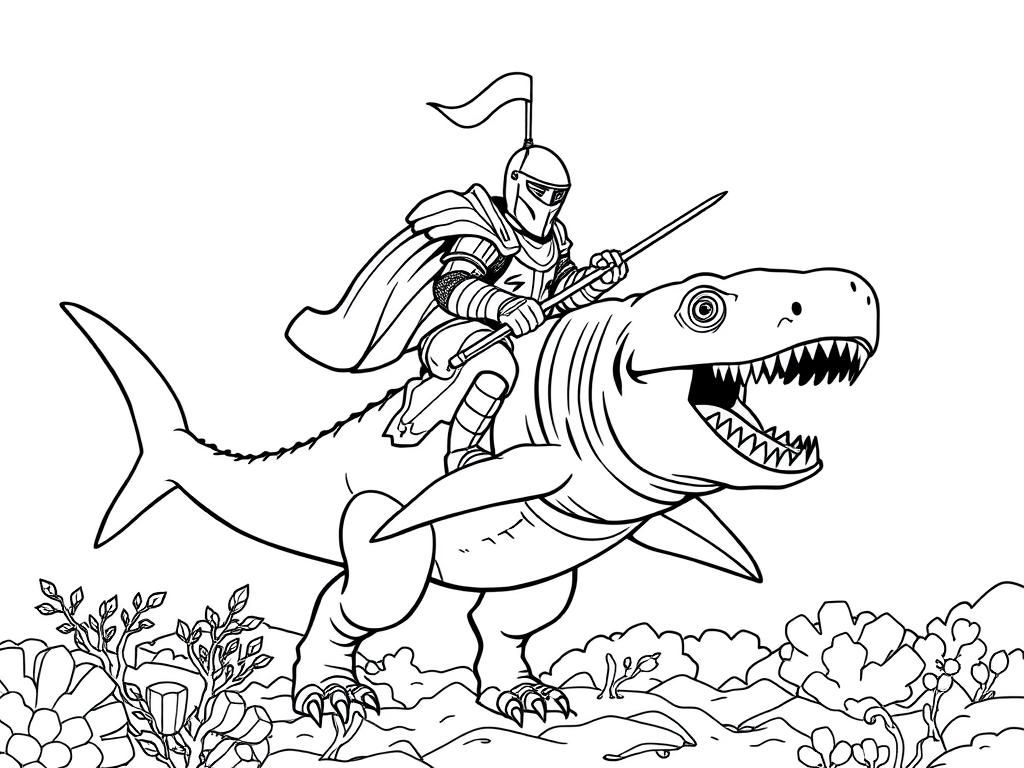 detailed knight riding a shark dinosaur in the oceon - Free Printable Coloring Page