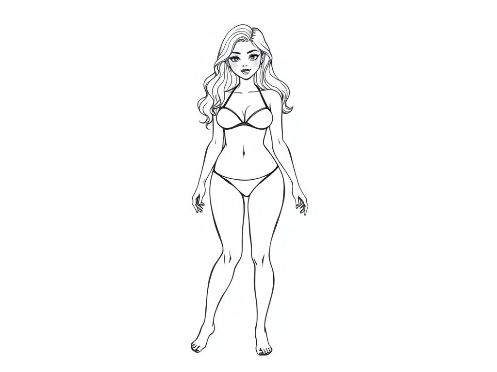 Detailed realistic, curvaceous, attractive, exotic pretty Female full body, two piece swimsuit