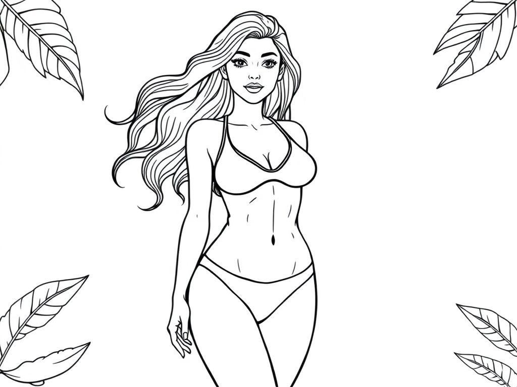 Detailed realistic, curvaceous, attractive, exotic pretty Female full body, two piece swimsuit