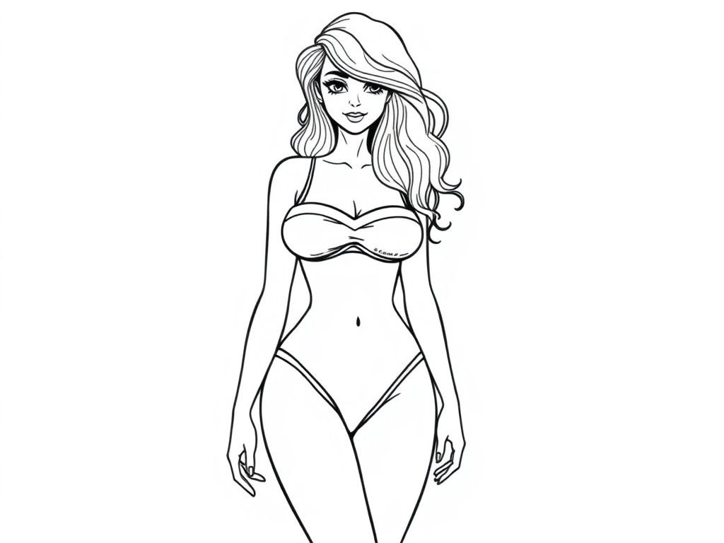 Detailed realistic, curvaceous, attractive, exotic pretty Female full body, two piece swimsuit
