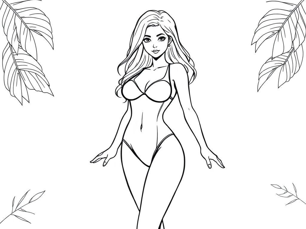 Detailed realistic, curvaceous, attractive, pretty Female full body, swimsuit - Free Printable Flower Coloring Page