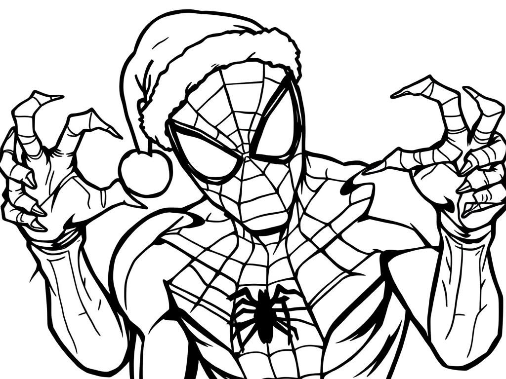 Kleurplaat van Spider-Man met kerstmuts