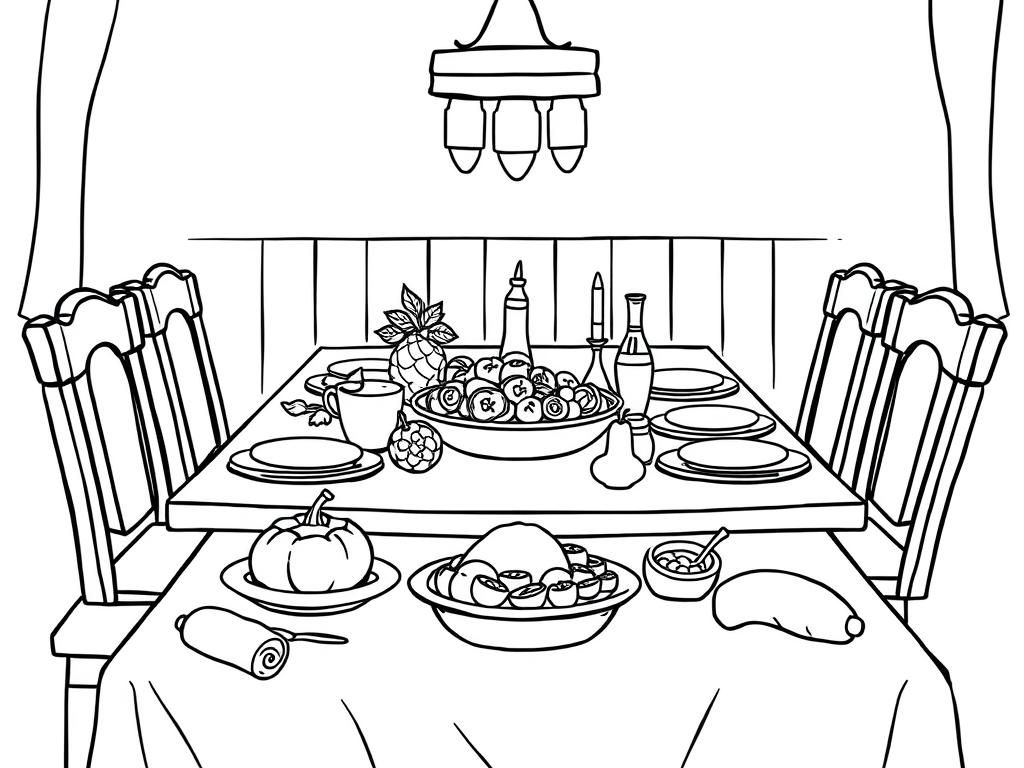 Dinner table with lots of fruit and rolls - Free Printable Coloring Page