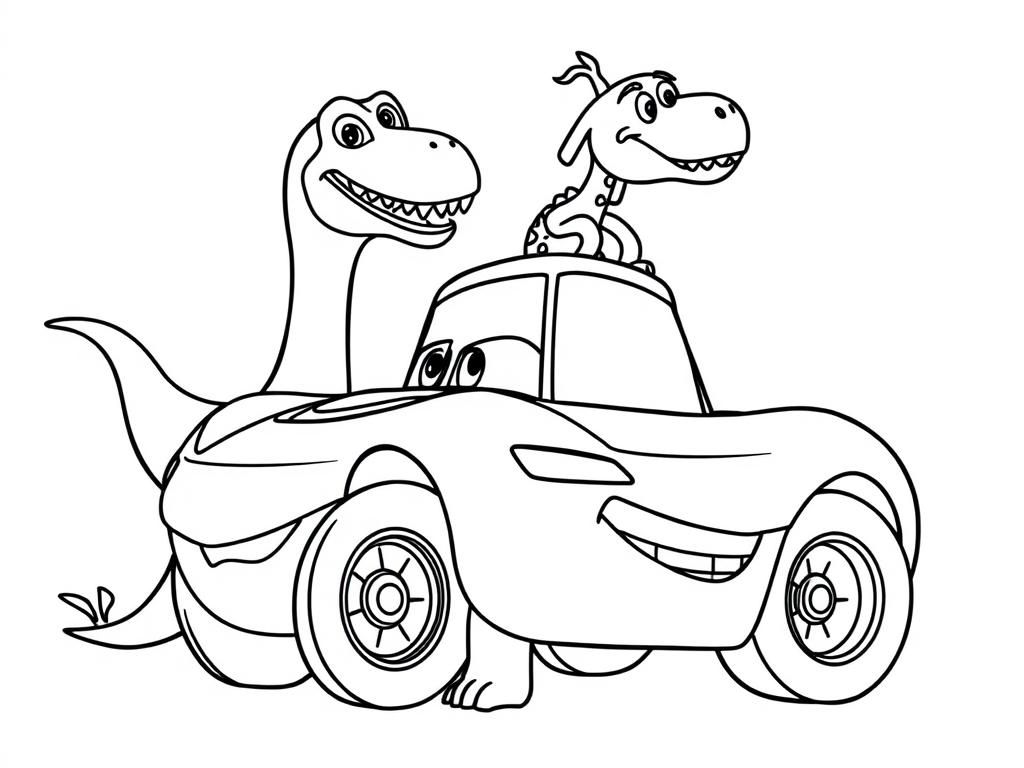 Dinosaurs And Cars Coloring Page