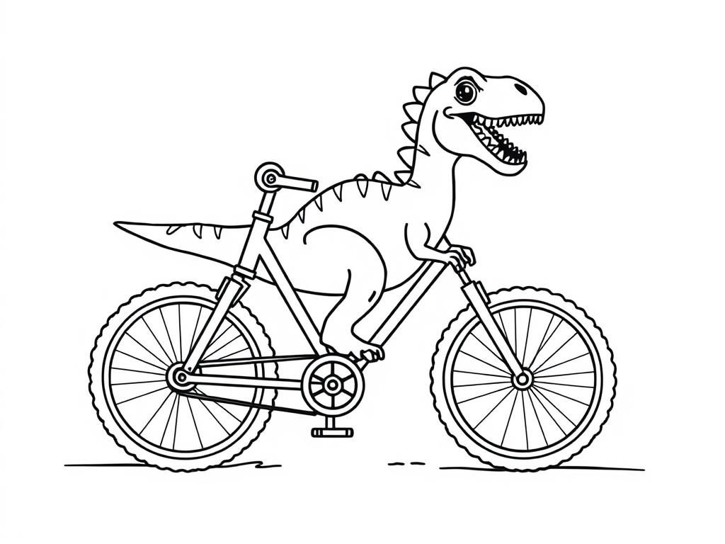 Coloring Page of a Friendly Dinosaur Riding a Bicycle