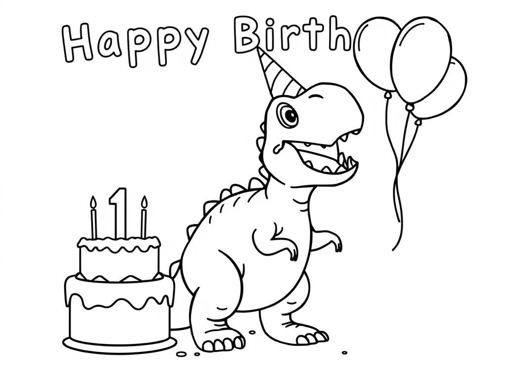 Preview of dinosaur, celebrating its 7th birthday, with cake and balloons