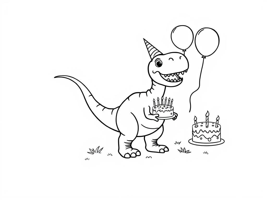 Preview of dinosaur, celebrating its birthday, with cake and balloons