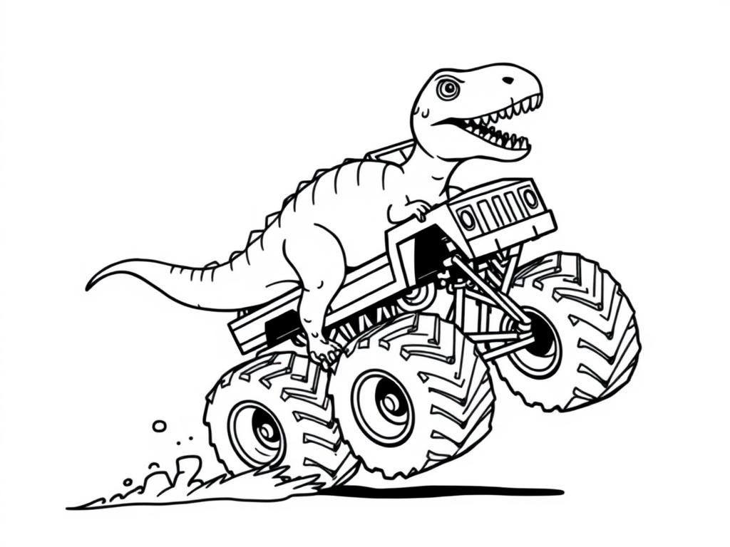 dinosaur driving a monster truck - Free Printable Coloring Page