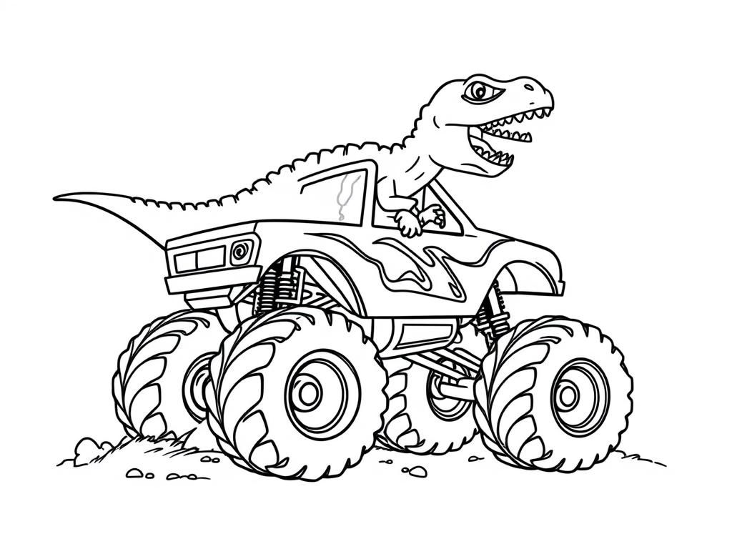 dinosaur driving a monster truck - Free Printable Coloring Page