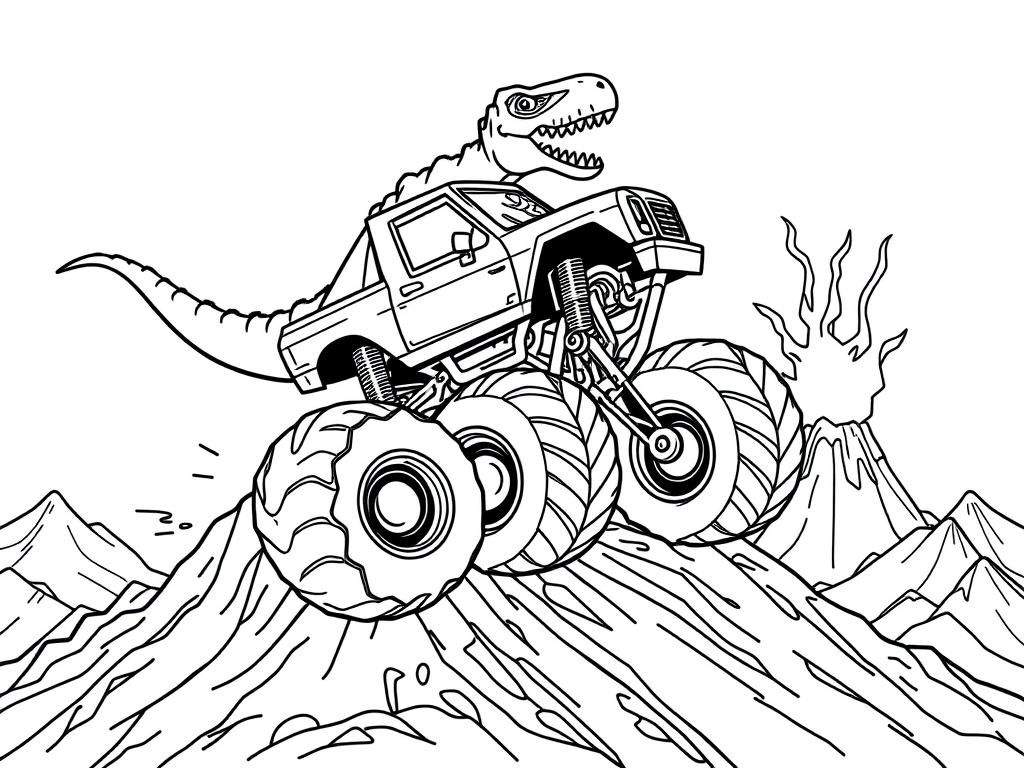 dinosaur driving a monster truck on an erupted volcano ramp - Free Printable Coloring Page