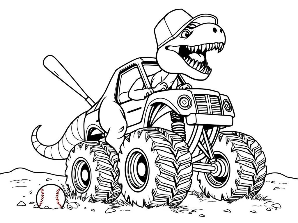 Dinosaur monster truck playing baseball - Free Printable Coloring Page