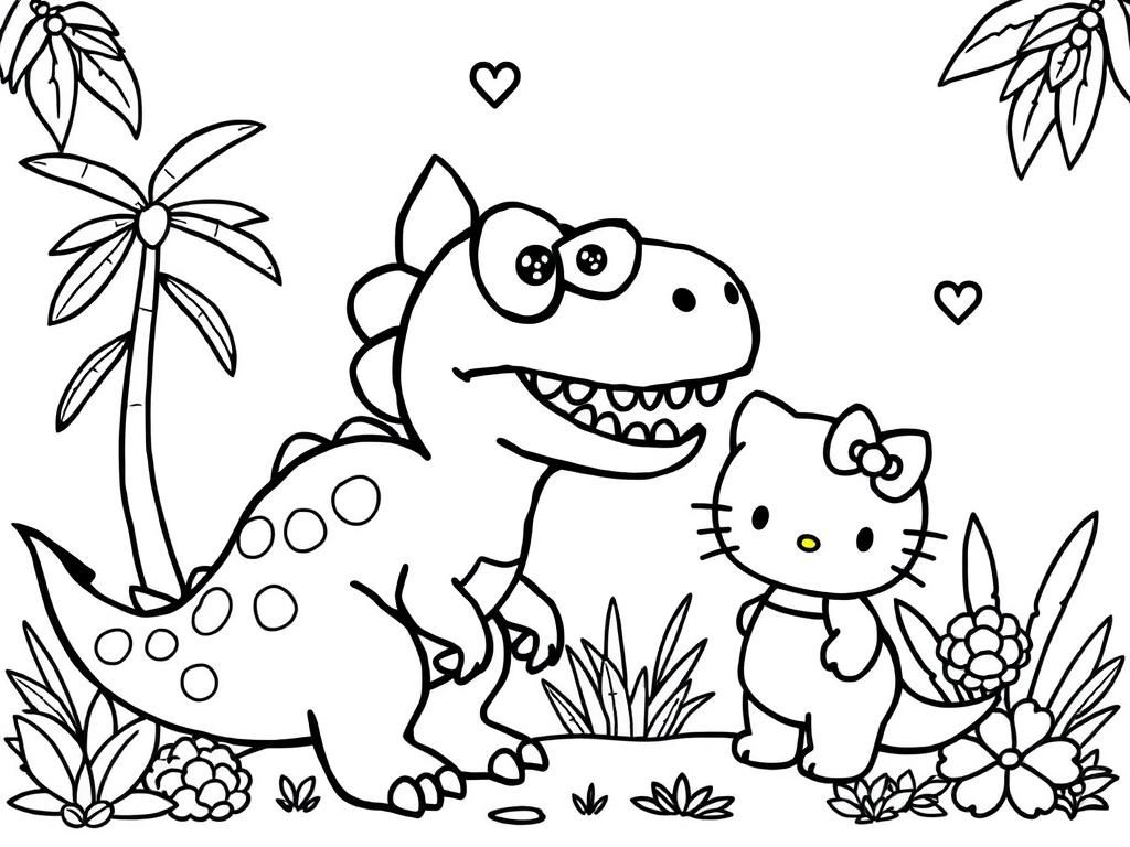 Dinosaur and Hello Kitty Coloring Page