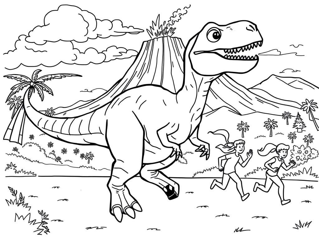 dinosaur with no shoes and running people, include a volcano in the back and some people chearing like a marathon - Free Printable Coloring Page